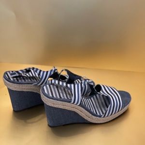 Blue and White Wedge Sandals